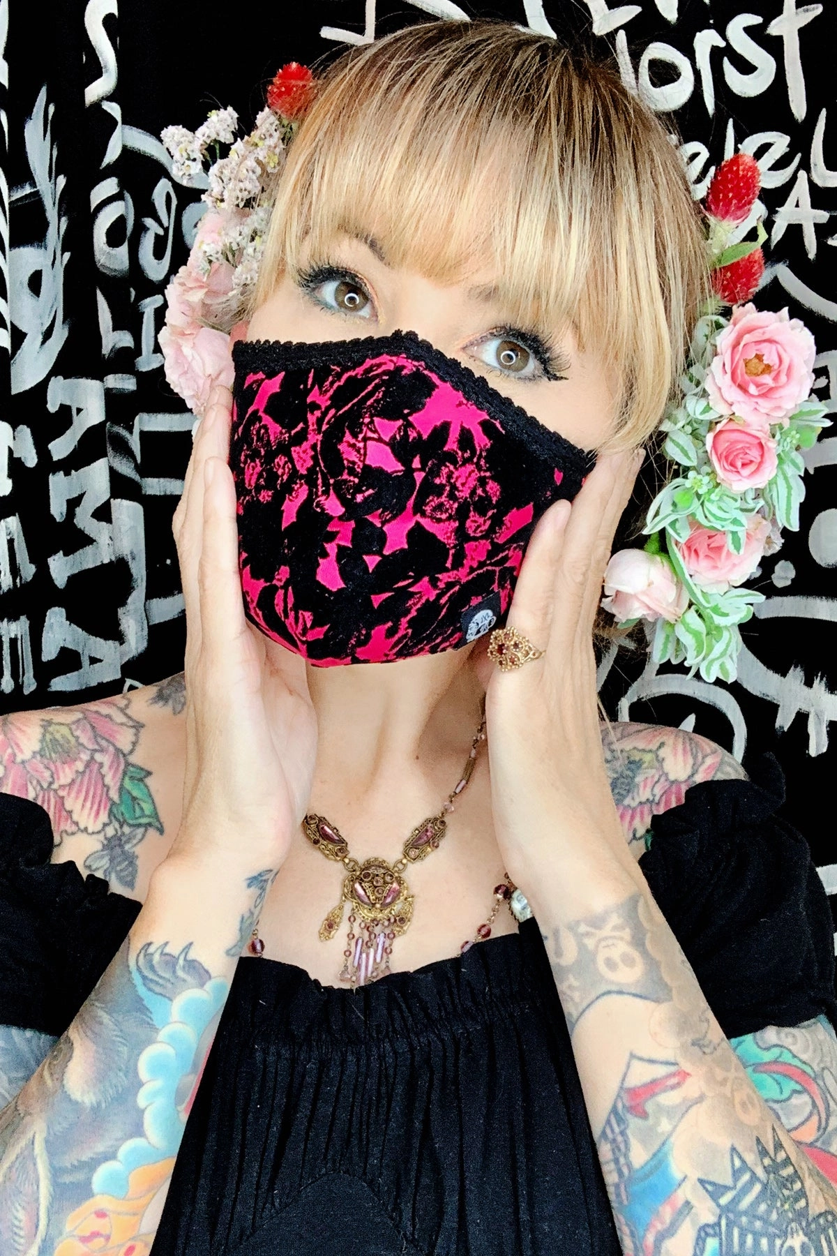 Flocked Rose Fabric Mask