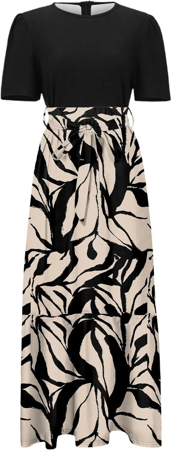 Floral Maxi Dresses for Women Elegant Tie Belt Patchwork Short Sleeve Flowy Beach Sundress Casual Empire Waist Dresses
