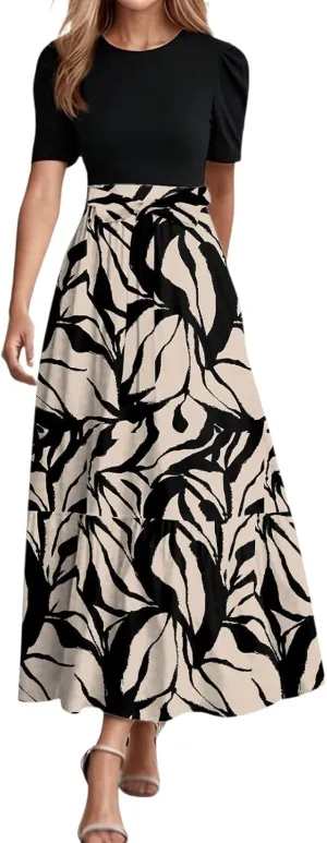 Floral Maxi Dresses for Women Elegant Tie Belt Patchwork Short Sleeve Flowy Beach Sundress Casual Empire Waist Dresses