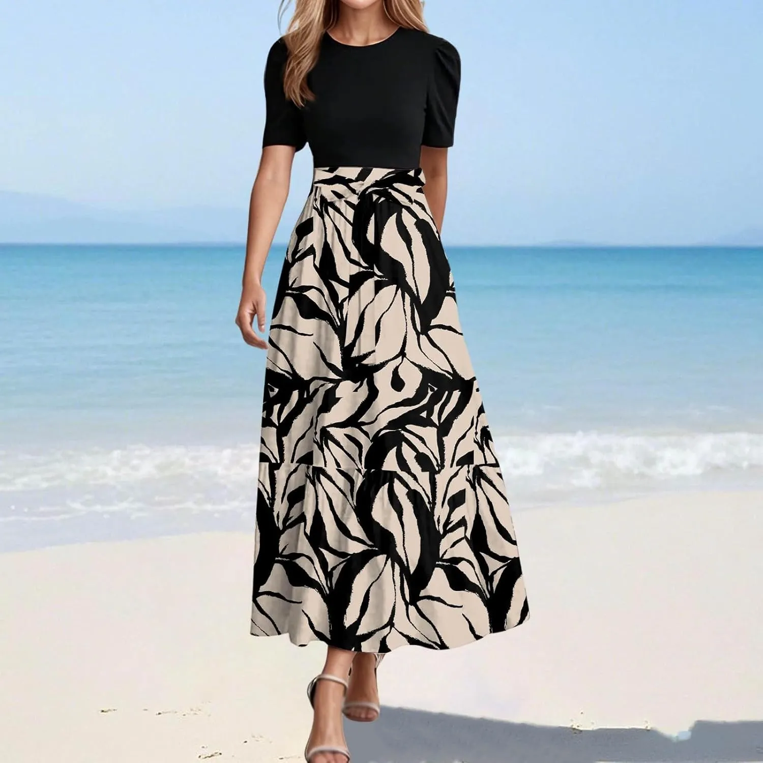 Floral Maxi Dresses for Women Elegant Tie Belt Patchwork Short Sleeve Flowy Beach Sundress Casual Empire Waist Dresses