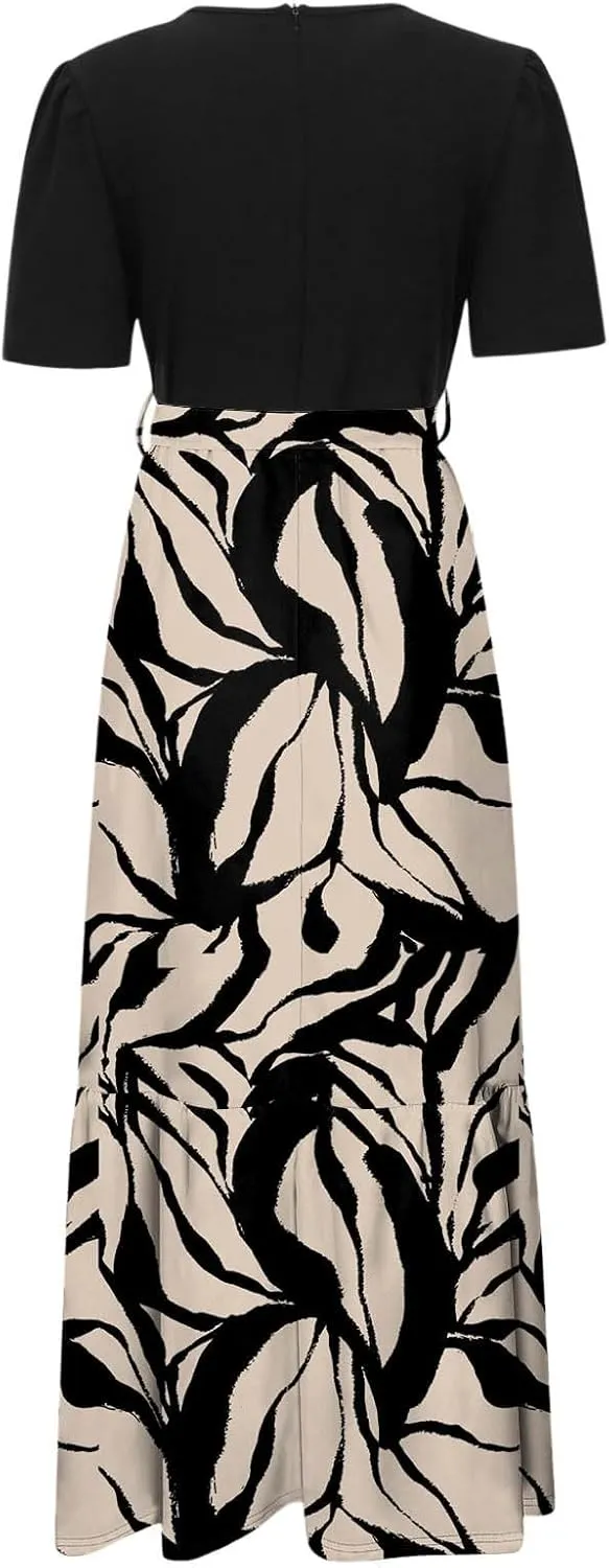 Floral Maxi Dresses for Women Elegant Tie Belt Patchwork Short Sleeve Flowy Beach Sundress Casual Empire Waist Dresses