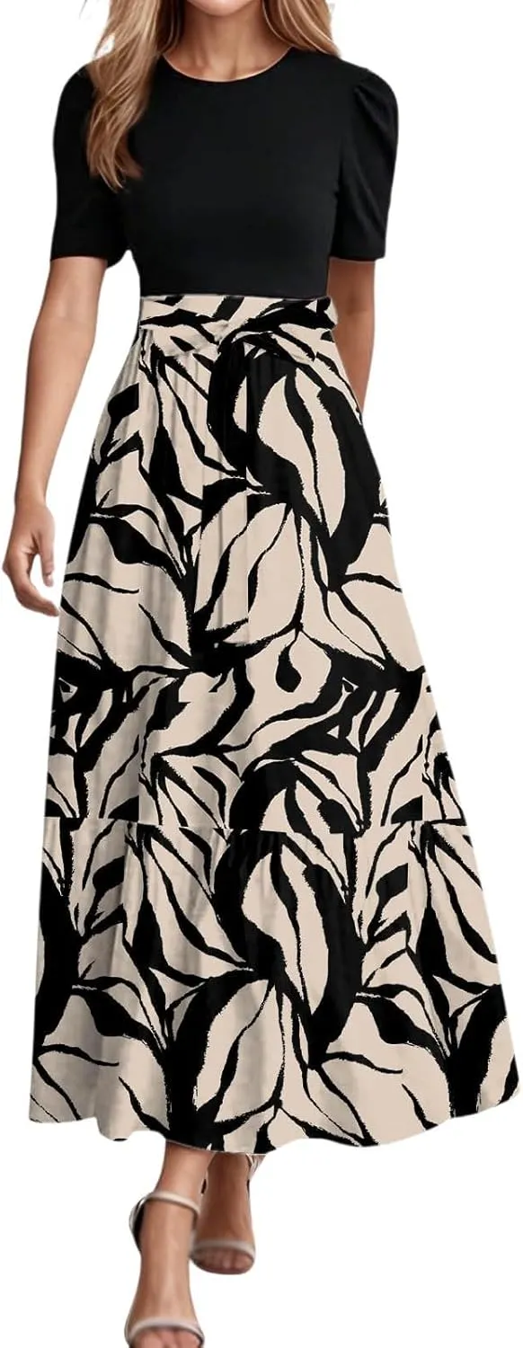 Floral Maxi Dresses for Women Elegant Tie Belt Patchwork Short Sleeve Flowy Beach Sundress Casual Empire Waist Dresses