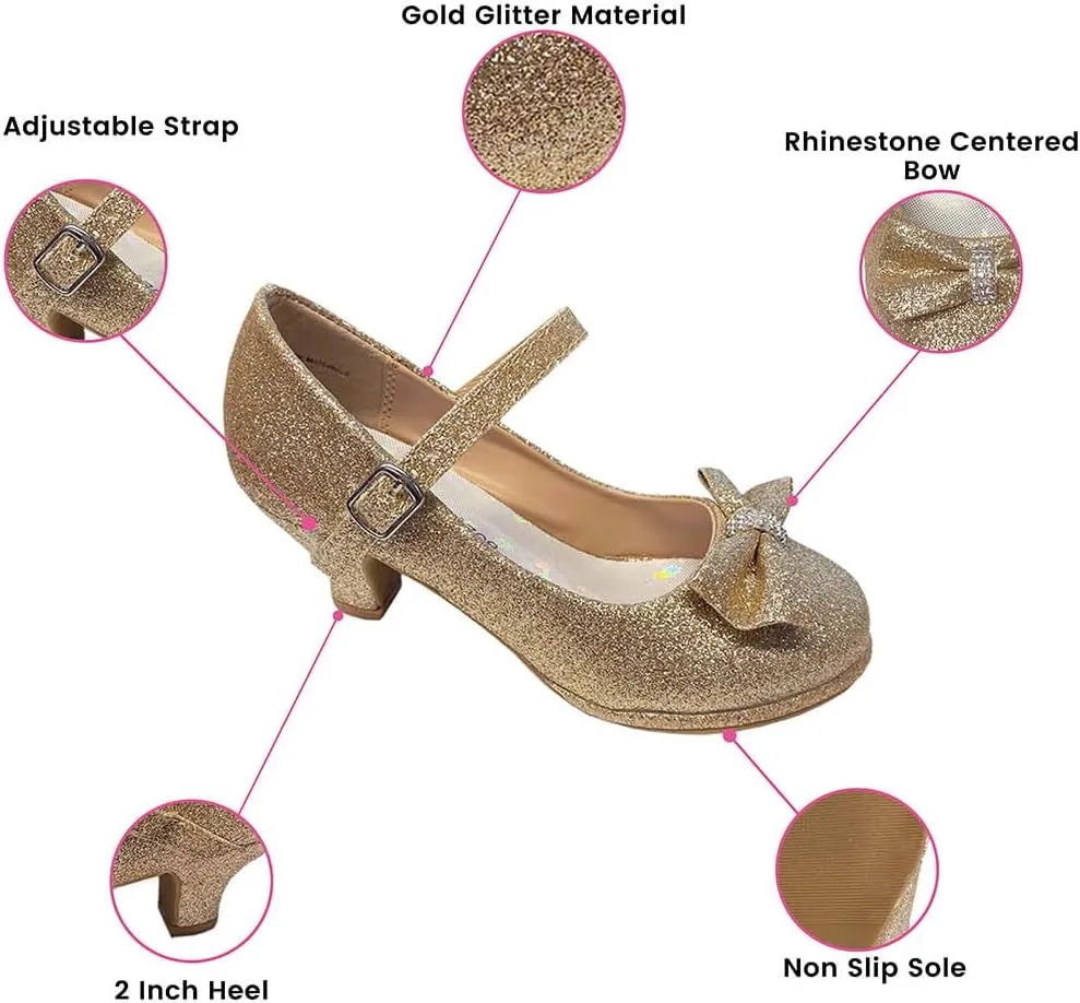 Flower Girl Dress Shoes for Weddings and Christmas - Big and Little Girl 2 Inch High Heel with Sparkle & Strap