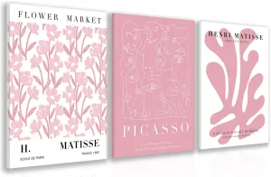 Flower Market Wall Decor, Framed Pink Matisse Canvas Wall Art, Modern Minimalist Picasso Aesthetic Picture Artwork, Cute Abstract Floral Painting for Living Room Bedroom Bathroom 12"x16"x3