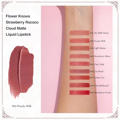 Flower Knows Strawberry Rococo Cloud Lip Cream Matte Liquid Lipstick-Long Lasting&Highly Pigmented Lip Stain -Velvety Waterproof Lip Makeup for Girls&Women-0.12 Fl Oz,1 Count(S02 Peachy Milk)