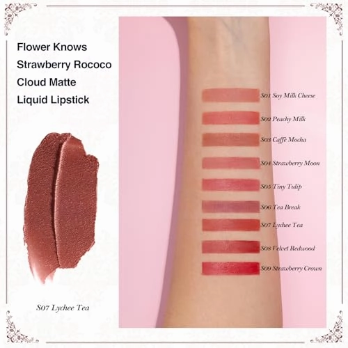 Flower Knows Strawberry Rococo Cloud Lip Cream Matte Liquid Lipstick-Long Lasting&Highly Pigmented Lip Stain -Velvety Waterproof Lip Makeup for Girls&Women-0.12 Fl Oz,1 Count(S07 Lychee Tea)