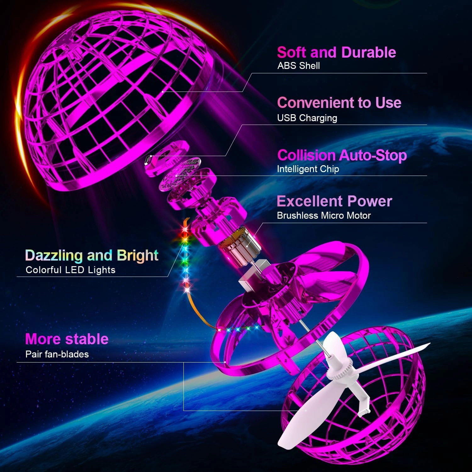 Flying Orb Ball (Pink, 2024 Upgraded) with Dazzling Lights, Magic Hover Spinner, Boomerang Drone, Floating Cosmic Globe, Kids Outdoor Toys for 6 7 8 9 10 Year Old Boys Girls