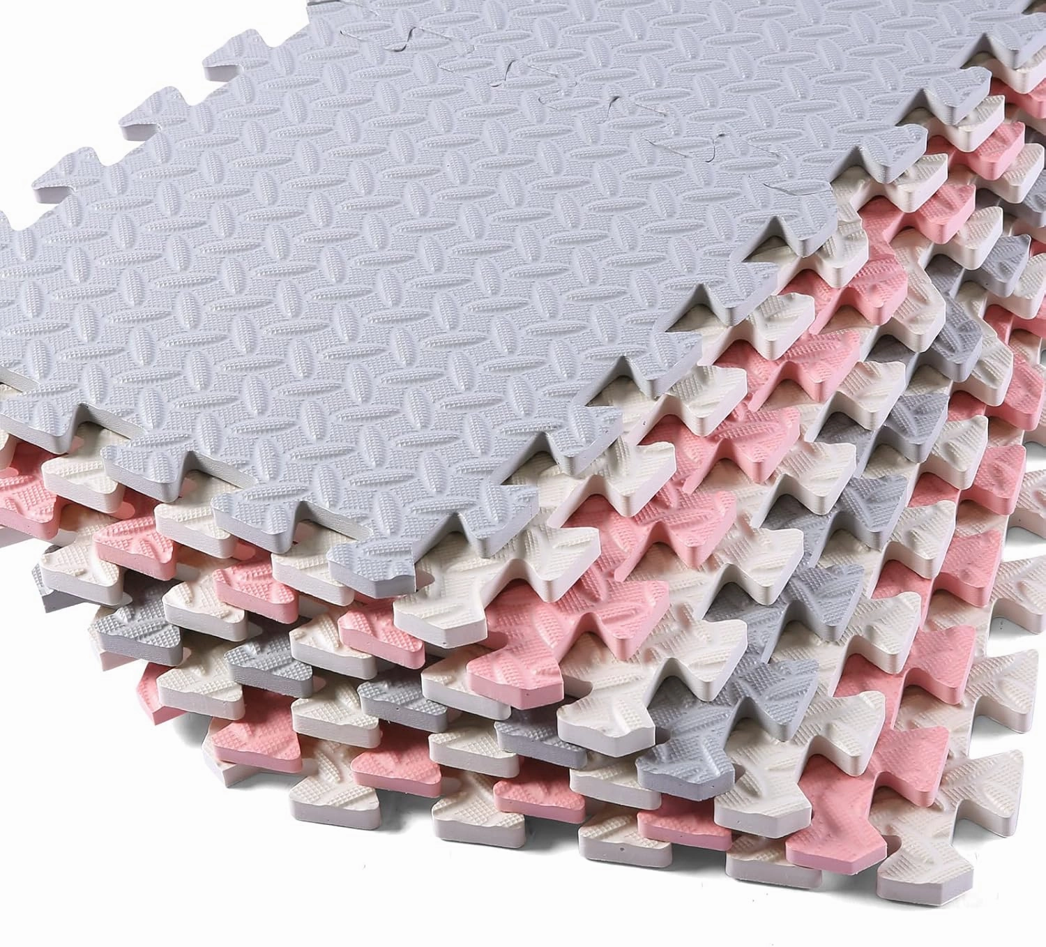 Foam Floor Mats for Kids, 12 x 12 Inch 16 Tiles 0.4" Thickness Foam Play Mat, Non-Toxic Square Interlocking Floor Mats Rubber Baby Play Mat for Toddlers(White/Gray/Lori Pink)