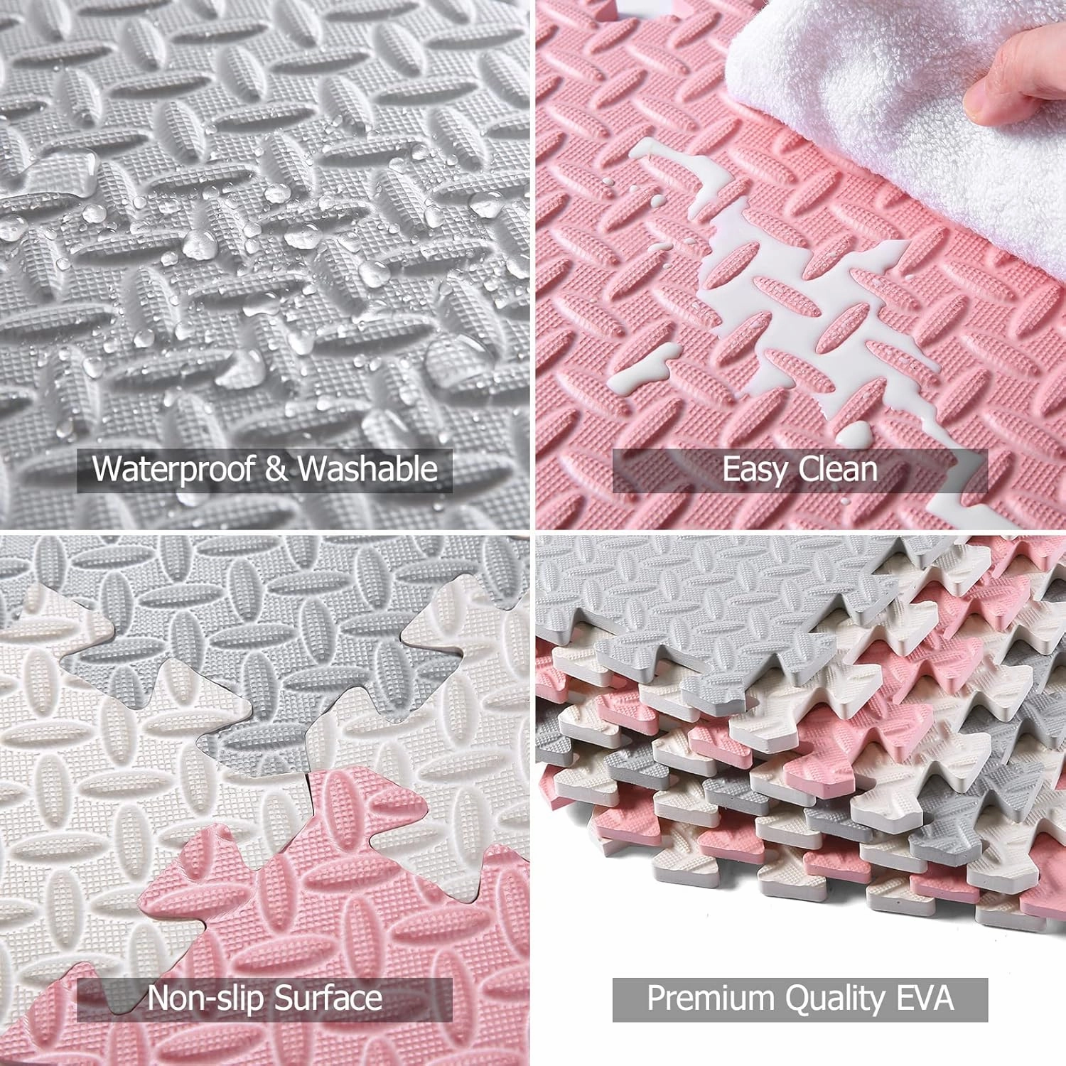 Foam Floor Mats for Kids, 12 x 12 Inch 16 Tiles 0.4" Thickness Foam Play Mat, Non-Toxic Square Interlocking Floor Mats Rubber Baby Play Mat for Toddlers(White/Gray/Lori Pink)