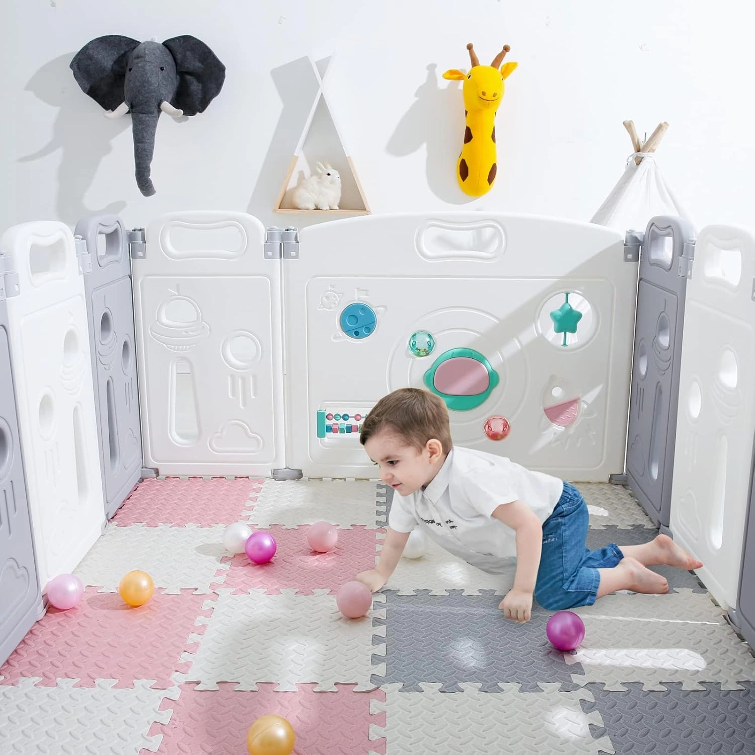 Foam Floor Mats for Kids, 12 x 12 Inch 16 Tiles 0.4" Thickness Foam Play Mat, Non-Toxic Square Interlocking Floor Mats Rubber Baby Play Mat for Toddlers(White/Gray/Lori Pink)