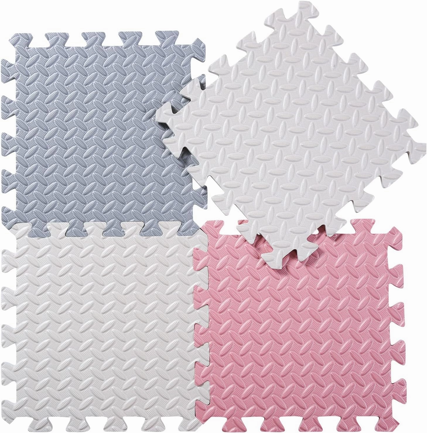 Foam Floor Mats for Kids, 12 x 12 Inch 16 Tiles 0.4" Thickness Foam Play Mat, Non-Toxic Square Interlocking Floor Mats Rubber Baby Play Mat for Toddlers(White/Gray/Lori Pink)