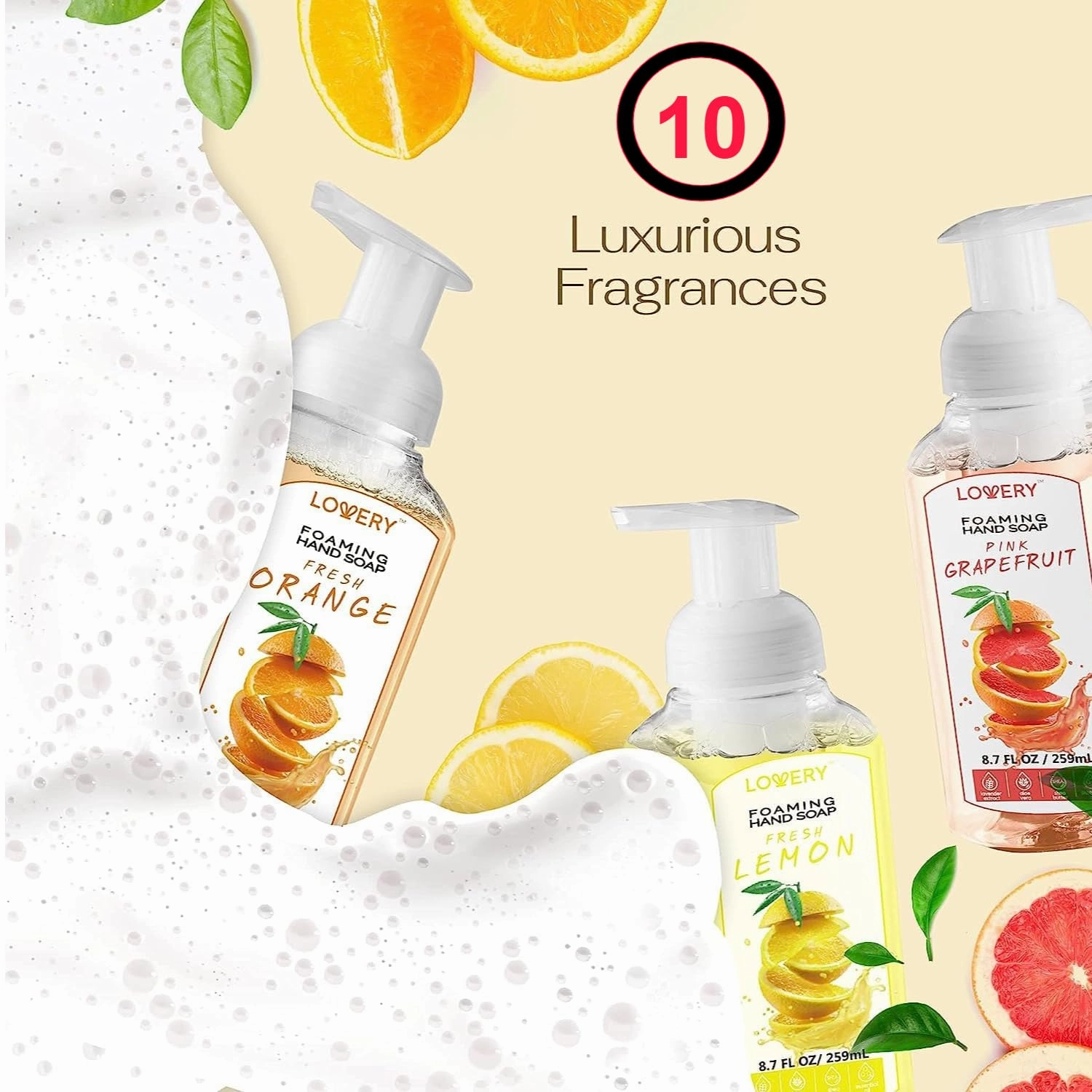 Foaming Hand Soap Pack of 10 - Moisturizing Hand Soap with Aloe Vera and Essential Oils - Alcohol-Free Hand Wash in Citrus Blend, Lemon, Orange, Lime, Grapefruit, Black Cherry Fragrances & More, Scented Hand Wash for Kitchen or Bathroom