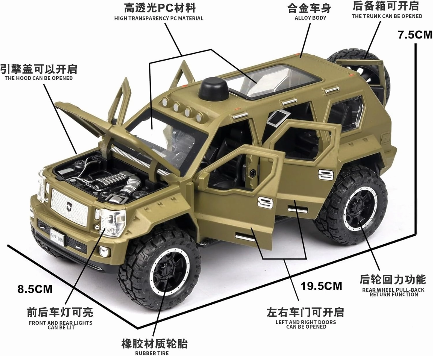 for Off Road Vehicle Model Car Alloy Pull Back Sound and Light Toys Collection Diecast Car Toys Gift 1:24(Bright Black No Box)