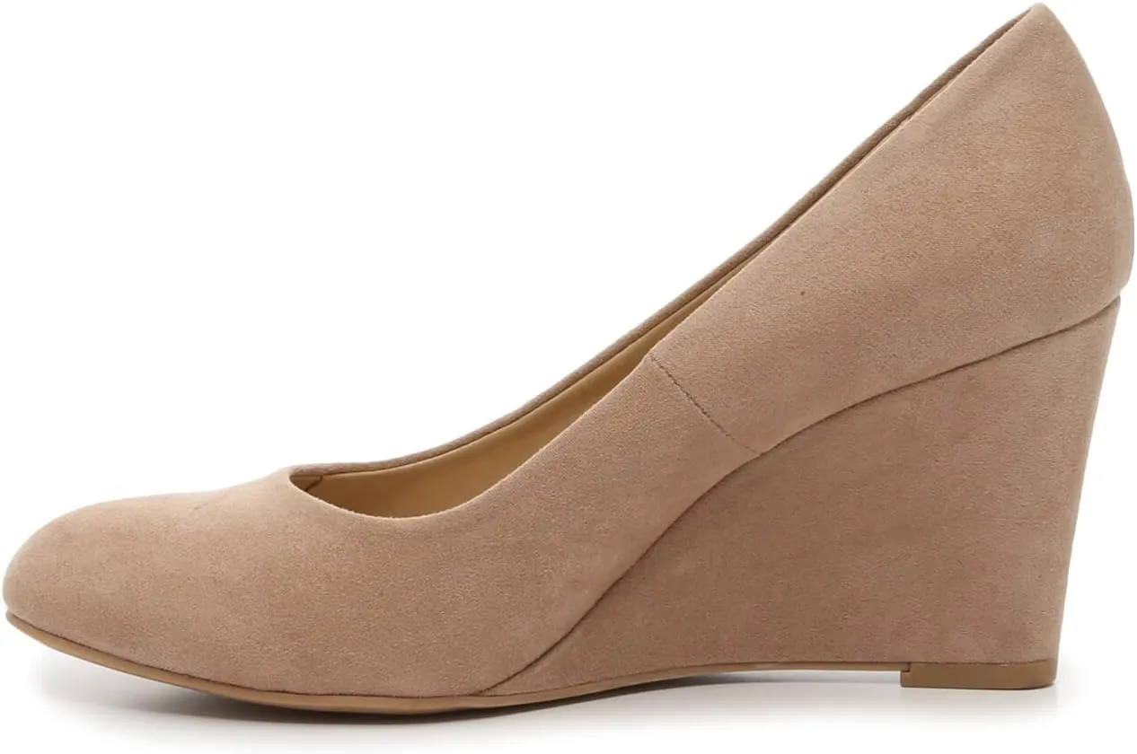 FOWT Women's Classic Wedge Pumps Basic Closed Almond Toe Thick High Heels Slip On Comfy Shoes Casual Dress Comfort Soft Walking Shoes, Nude US Size 4-16 M