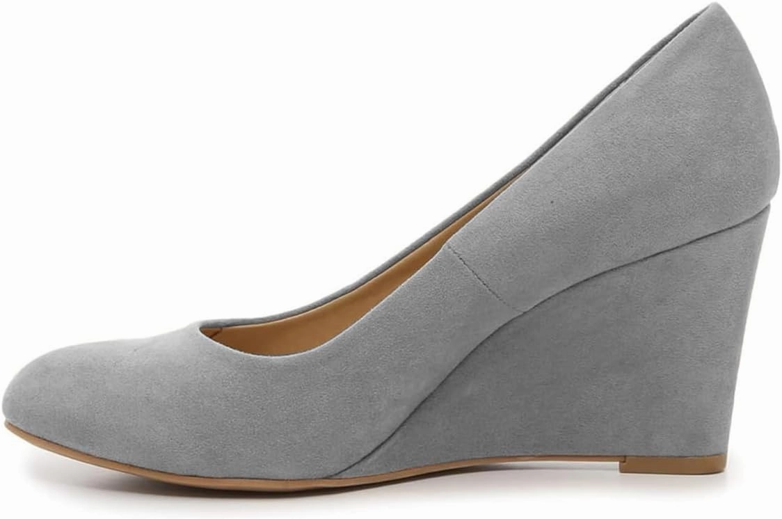 FOWT Women's Classic Wedge Pumps Basic Closed Almond Toe Thick High Heels Slip On Comfy Shoes Casual Dress Comfort Soft Walking Shoes, Nude US Size 4-16 M