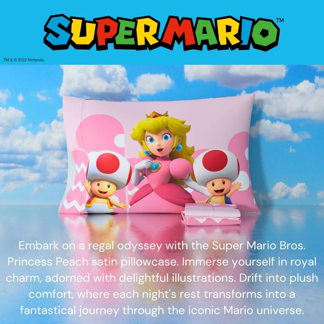 Franco Super Mario Princess Peach Kids Beauty Silky Satin Standard Reversible Pillowcase Cover 20x30 for Hair and Skin, (Official Licensed Product)
