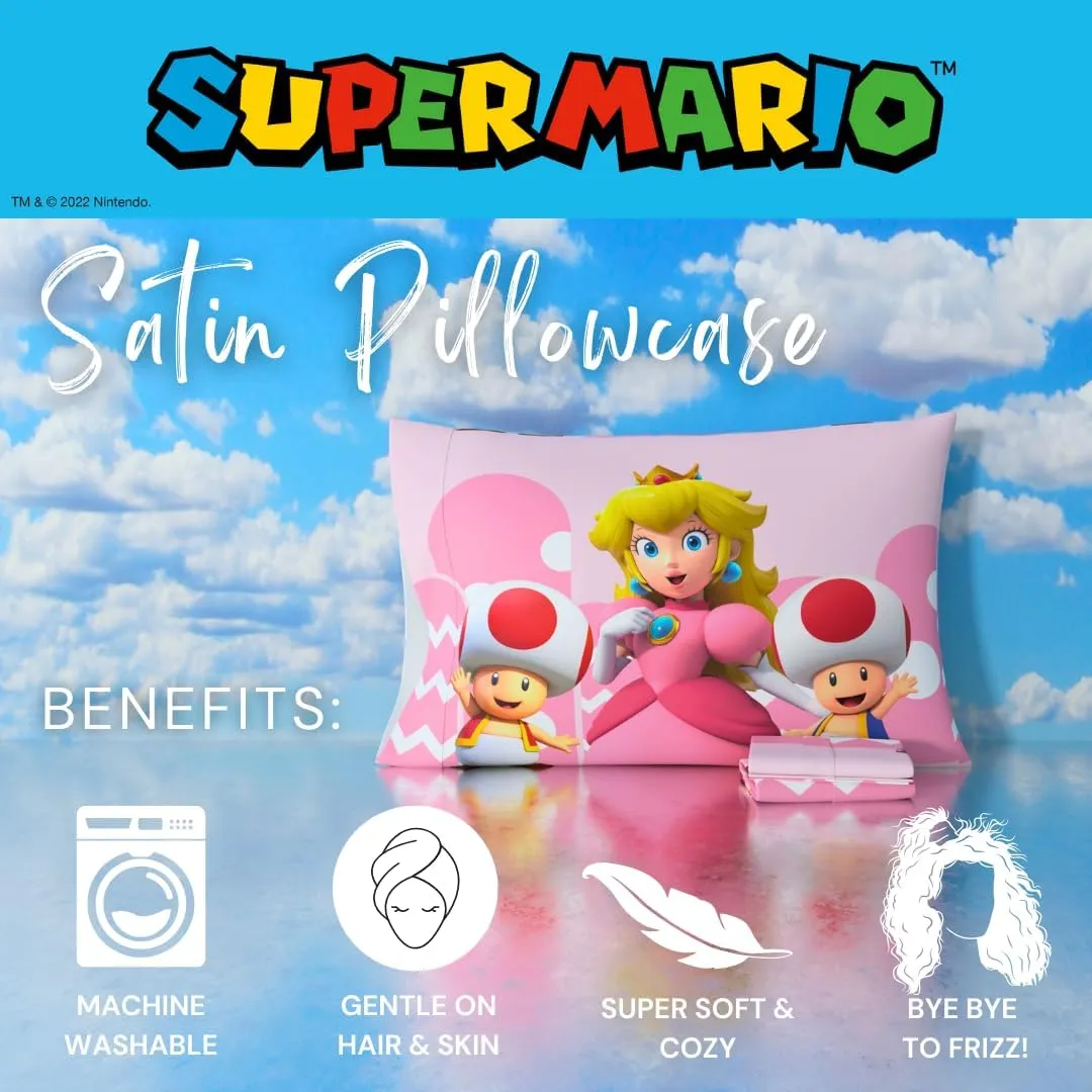 Franco Super Mario Princess Peach Kids Beauty Silky Satin Standard Reversible Pillowcase Cover 20x30 for Hair and Skin, (Official Licensed Product)
