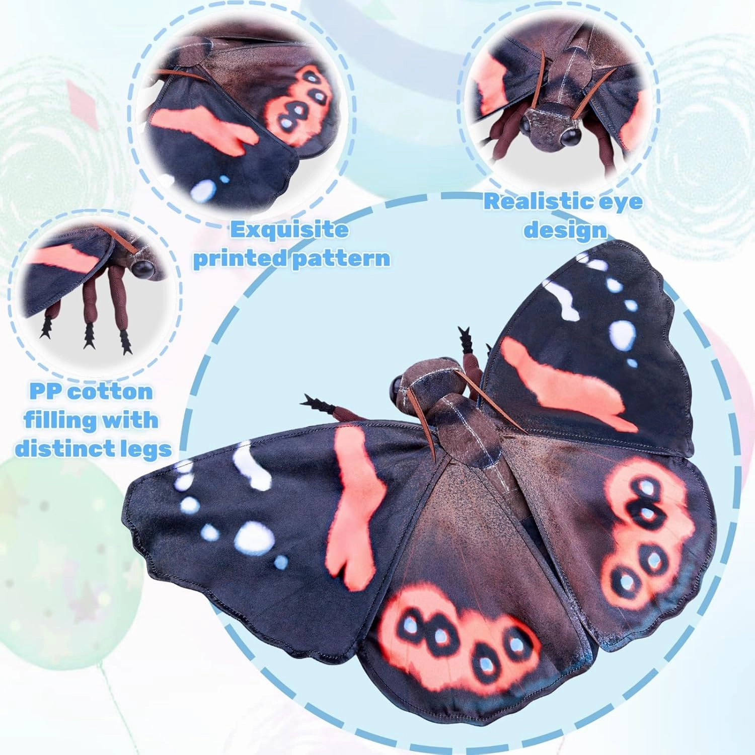 FRANKIEZHOU Realistic Red Admiral Butterfly Stuffed Animal-Black 10 Inch,Beautiful Moth Plush Toy