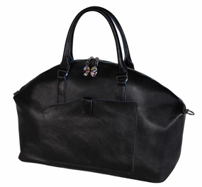 Frescoed Leather Dome Tote Bag with Murano Murrine Glass | Handmade in Italy, Real Leather | Women's Shopper Duffle Bag Purse (BLACK with BLUE PIPING)