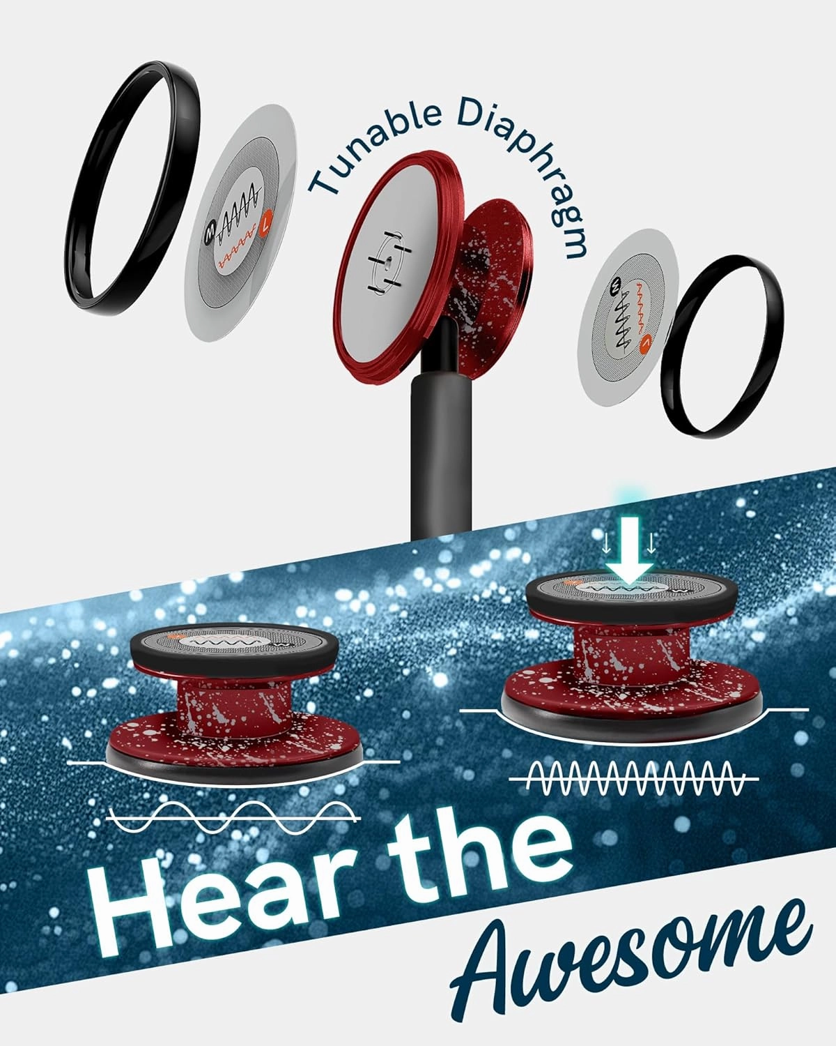 FriCARE Tunable Stethoscope - Dual Head Estetoscopio for Nurses, Doctors, Paramedics, Students - FSA/HSA Eligible Stethoscopes, Smooth Black Tube, Matte Splatter Red-White Finish Chestpiece