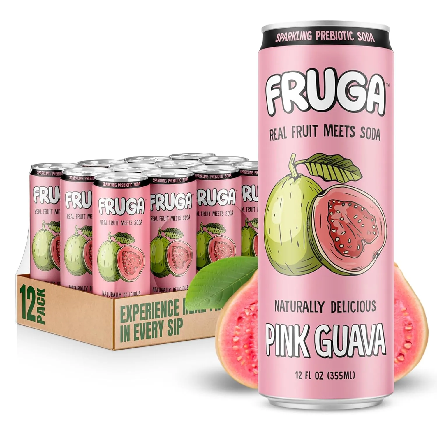 FRUGA Pink Guava Prebiotic Soda Drink Sparkling Fruit Soda | Low Calorie, Healthy Soda Benefits and Vitamin Boost