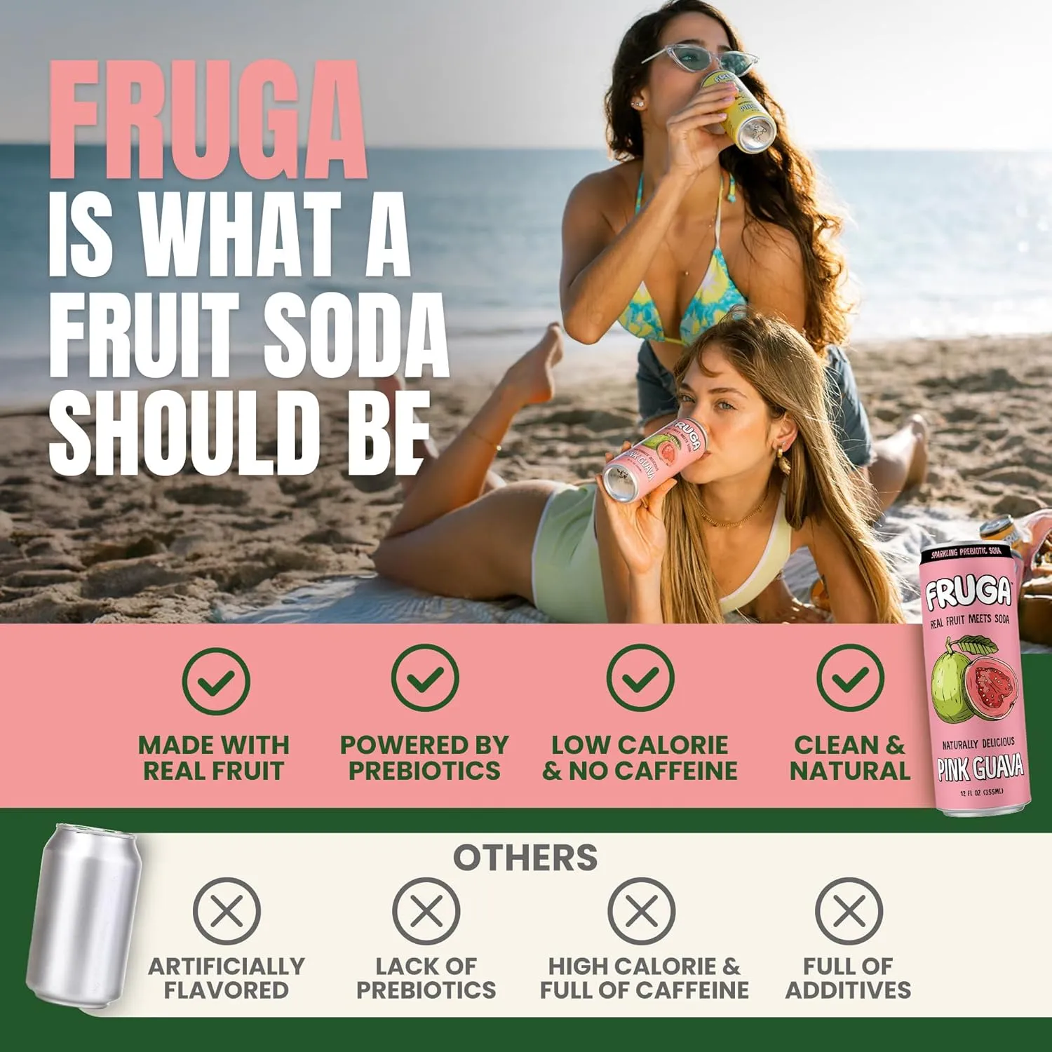 FRUGA Pink Guava Prebiotic Soda Drink Sparkling Fruit Soda | Low Calorie, Healthy Soda Benefits and Vitamin Boost