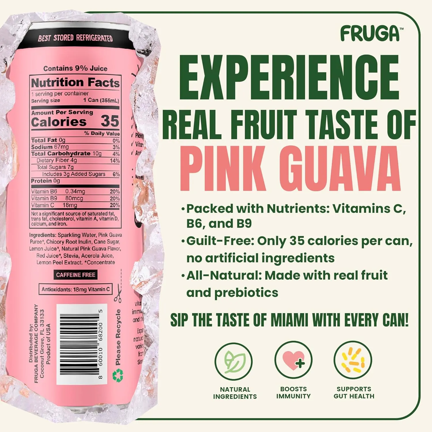 FRUGA Pink Guava Prebiotic Soda Drink Sparkling Fruit Soda | Low Calorie, Healthy Soda Benefits and Vitamin Boost