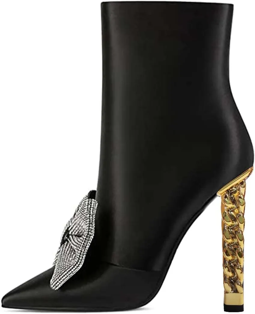 FSJ Women Trendy Pointed Toe Ankle Boot Block Chunky Gold High Heel Bootie Party Prom Shoes with Zipper Size 4-15 US