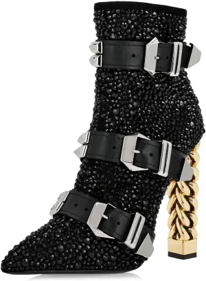 FSJ Women Trendy Pointed Toe Ankle Boot Block Chunky Gold High Heel Bootie Party Prom Shoes with Zipper Size 4-15 US