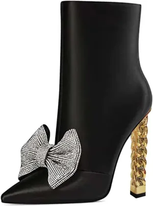 FSJ Women Trendy Pointed Toe Ankle Boot Block Chunky Gold High Heel Bootie Party Prom Shoes with Zipper Size 4-15 US