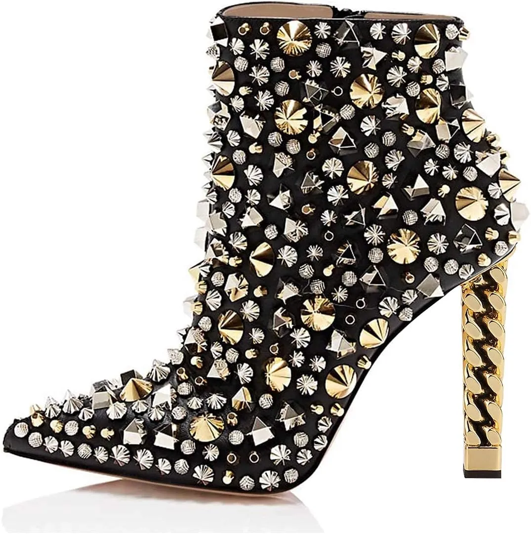 FSJ Women Trendy Pointed Toe Ankle Boot Block Chunky Gold High Heel Bootie Party Prom Shoes with Zipper Size 4-15 US