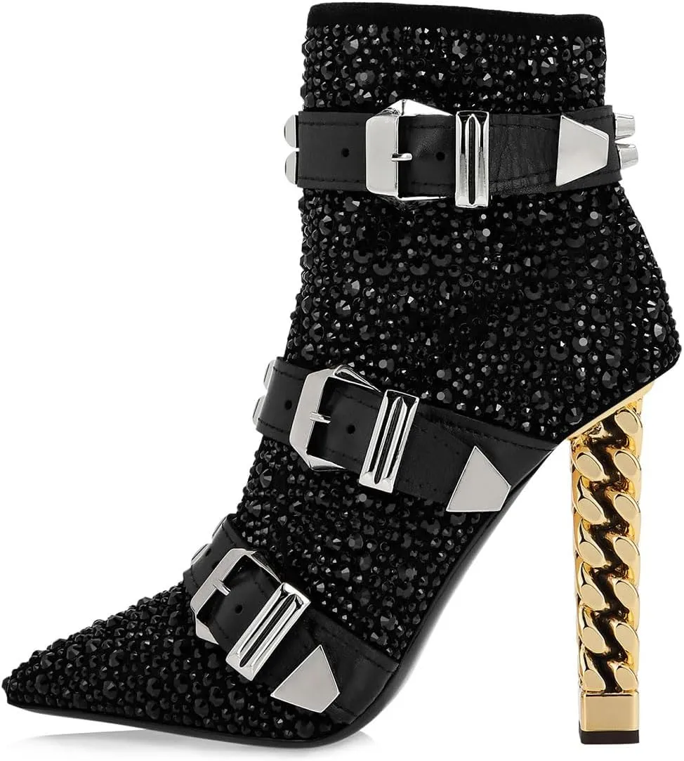 FSJ Women Trendy Pointed Toe Ankle Boot Block Chunky Gold High Heel Bootie Party Prom Shoes with Zipper Size 4-15 US