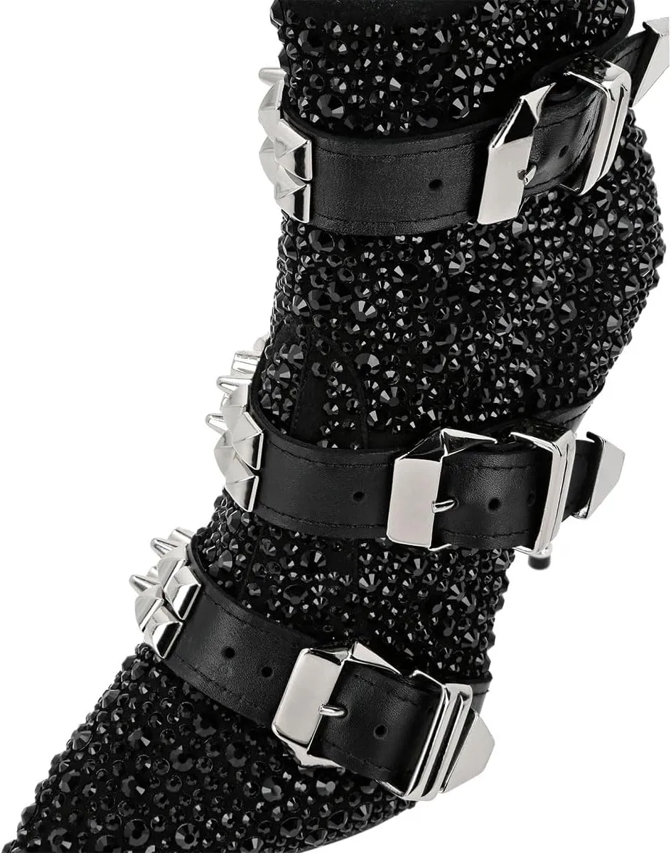 FSJ Women Trendy Pointed Toe Ankle Boot Block Chunky Gold High Heel Bootie Party Prom Shoes with Zipper Size 4-15 US