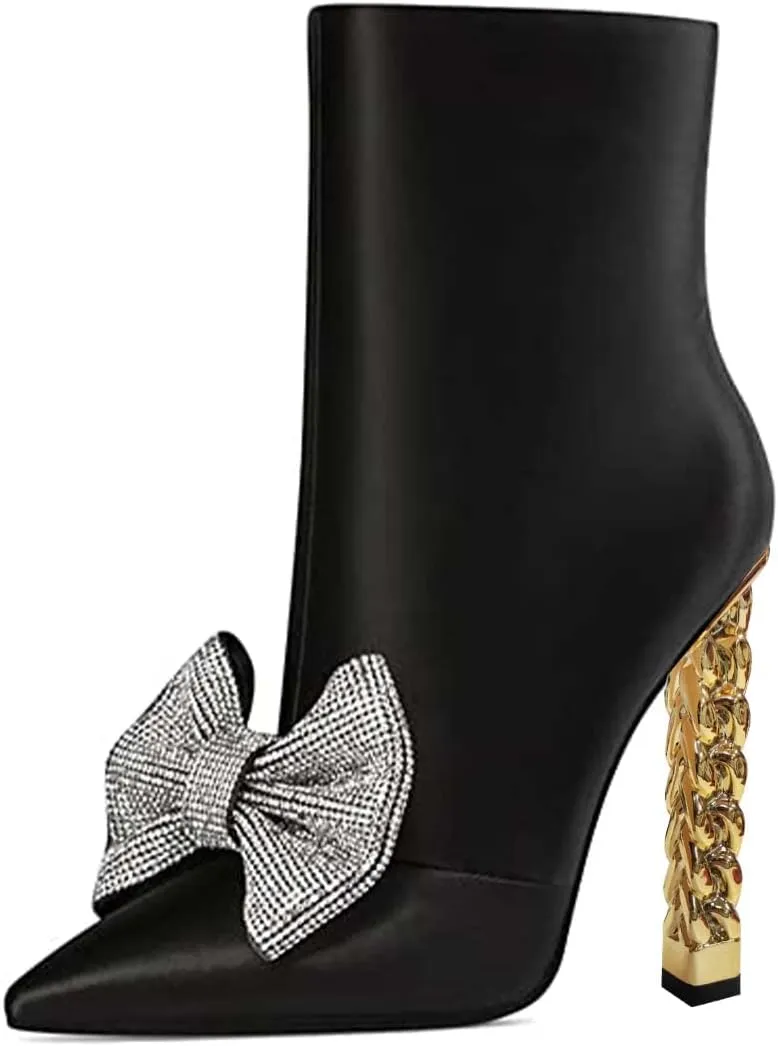 FSJ Women Trendy Pointed Toe Ankle Boot Block Chunky Gold High Heel Bootie Party Prom Shoes with Zipper Size 4-15 US