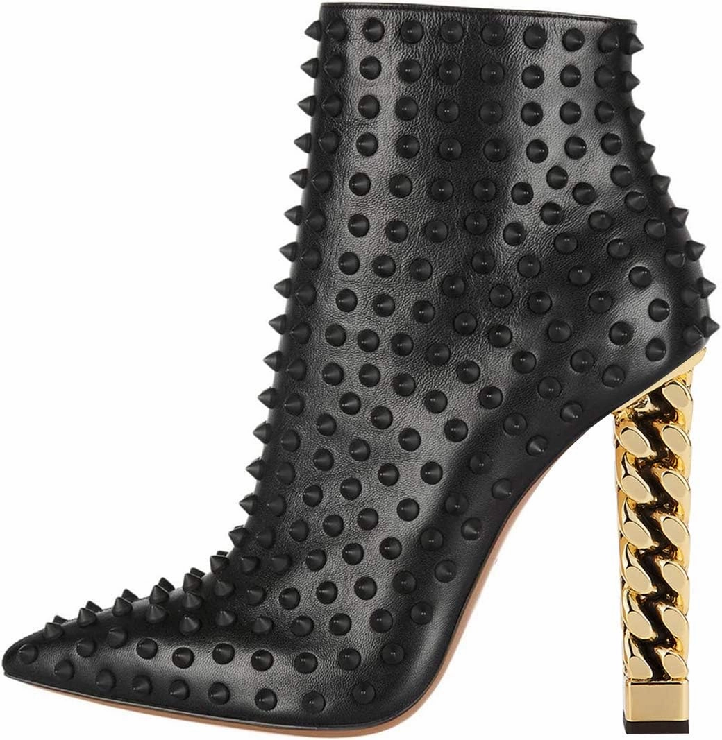 FSJ Women Trendy Pointed Toe Ankle Boot Block Chunky Gold High Heel Bootie Party Prom Shoes with Zipper Size 4-15 US