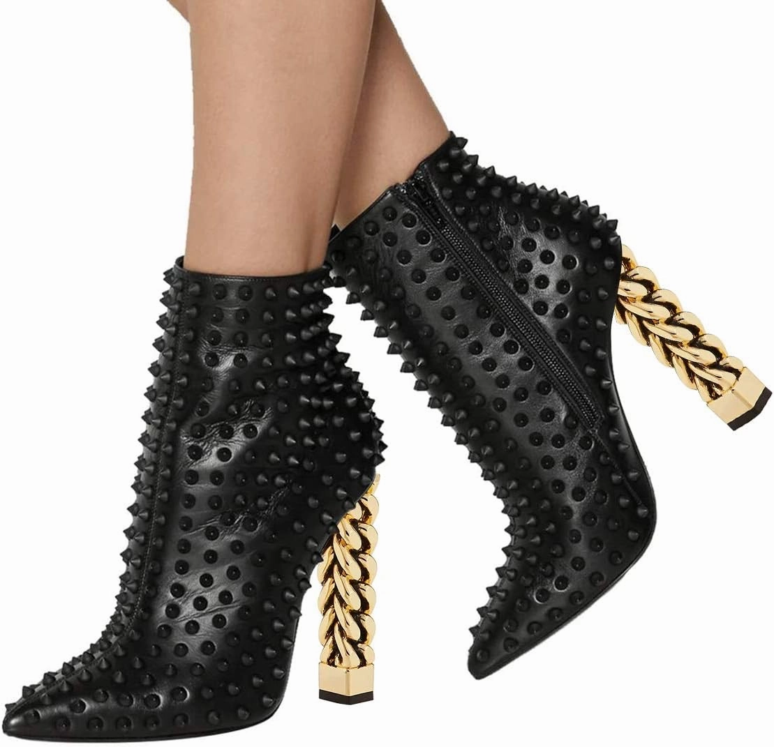 FSJ Women Trendy Pointed Toe Ankle Boot Block Chunky Gold High Heel Bootie Party Prom Shoes with Zipper Size 4-15 US