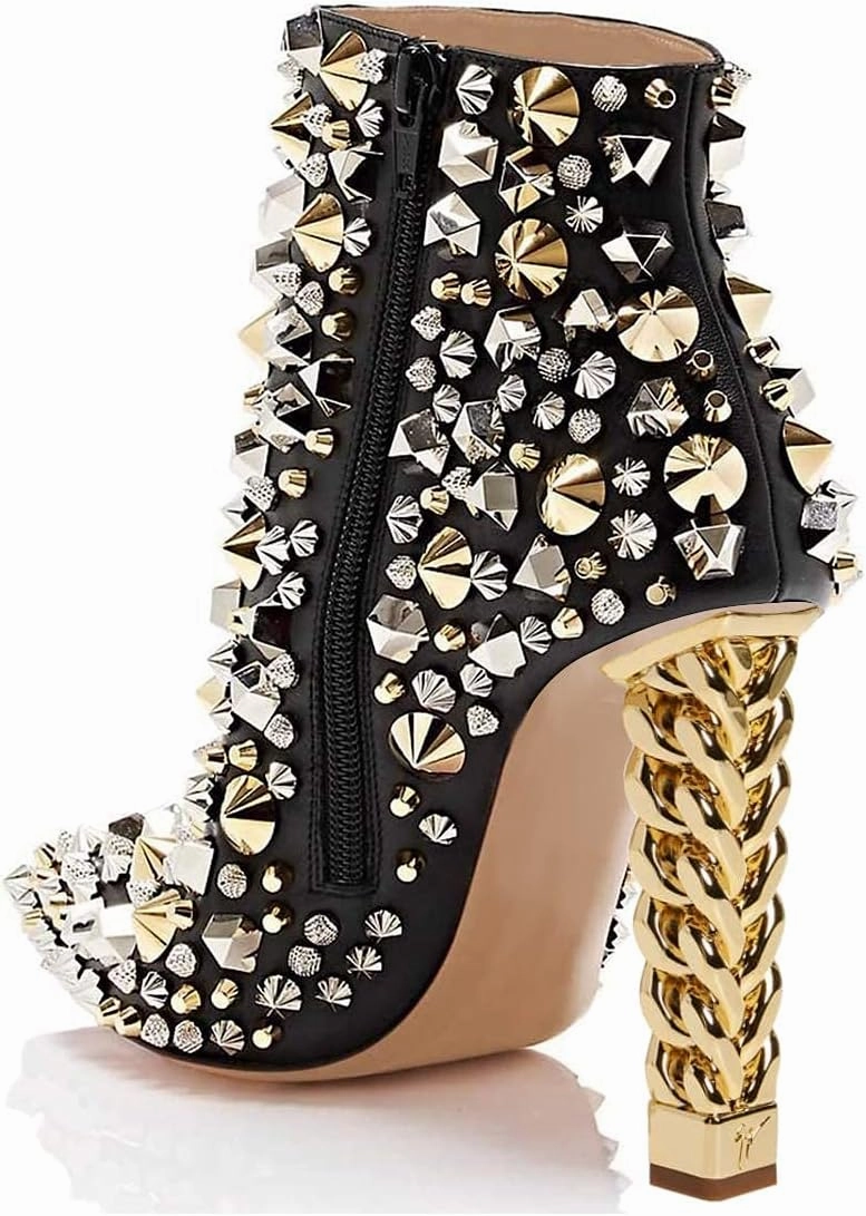 FSJ Women Trendy Pointed Toe Ankle Boot Block Chunky Gold High Heel Bootie Party Prom Shoes with Zipper Size 4-15 US