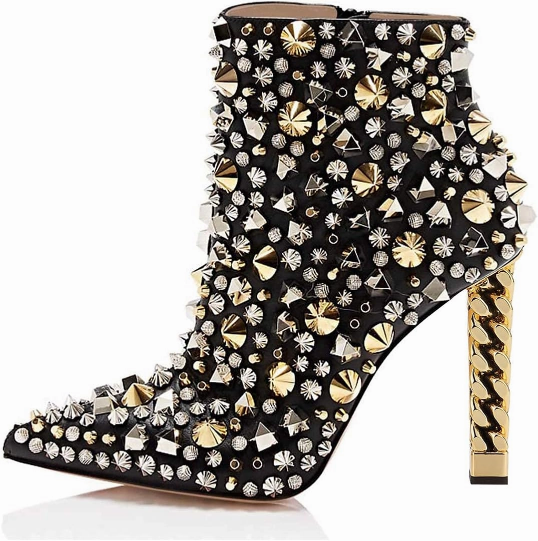 FSJ Women Trendy Pointed Toe Ankle Boot Block Chunky Gold High Heel Bootie Party Prom Shoes with Zipper Size 4-15 US