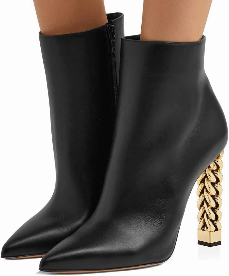 FSJ Women Trendy Pointed Toe Ankle Boot Block Chunky Gold High Heel Bootie Party Prom Shoes with Zipper Size 4-15 US