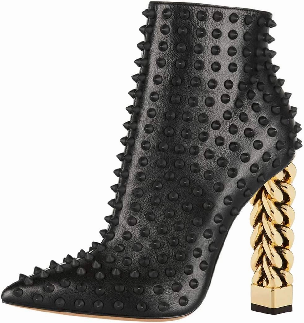 FSJ Women Trendy Pointed Toe Ankle Boot Block Chunky Gold High Heel Bootie Party Prom Shoes with Zipper Size 4-15 US