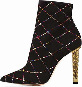 FSJ Women Trendy Pointed Toe Ankle Boot Block Chunky Gold High Heel Bootie Party Prom Shoes with Zipper Size 4-15 US