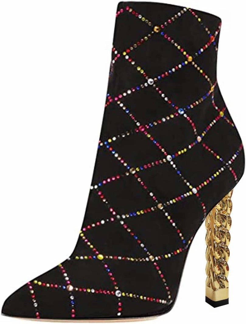 FSJ Women Trendy Pointed Toe Ankle Boot Block Chunky Gold High Heel Bootie Party Prom Shoes with Zipper Size 4-15 US