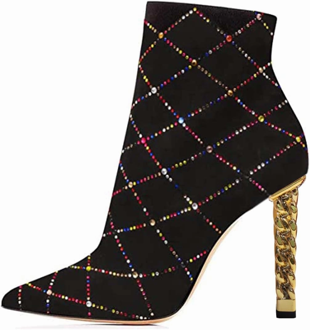 FSJ Women Trendy Pointed Toe Ankle Boot Block Chunky Gold High Heel Bootie Party Prom Shoes with Zipper Size 4-15 US