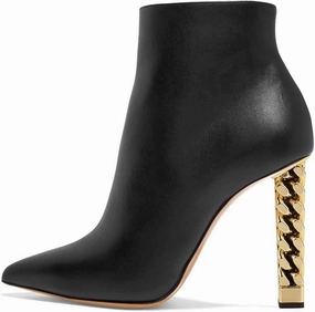 FSJ Women Trendy Pointed Toe Ankle Boot Block Chunky Gold High Heel Bootie Party Prom Shoes with Zipper Size 4-15 US