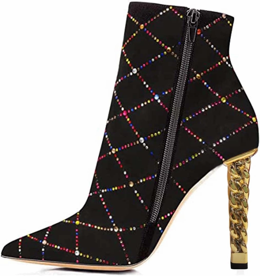 FSJ Women Trendy Pointed Toe Ankle Boot Block Chunky Gold High Heel Bootie Party Prom Shoes with Zipper Size 4-15 US