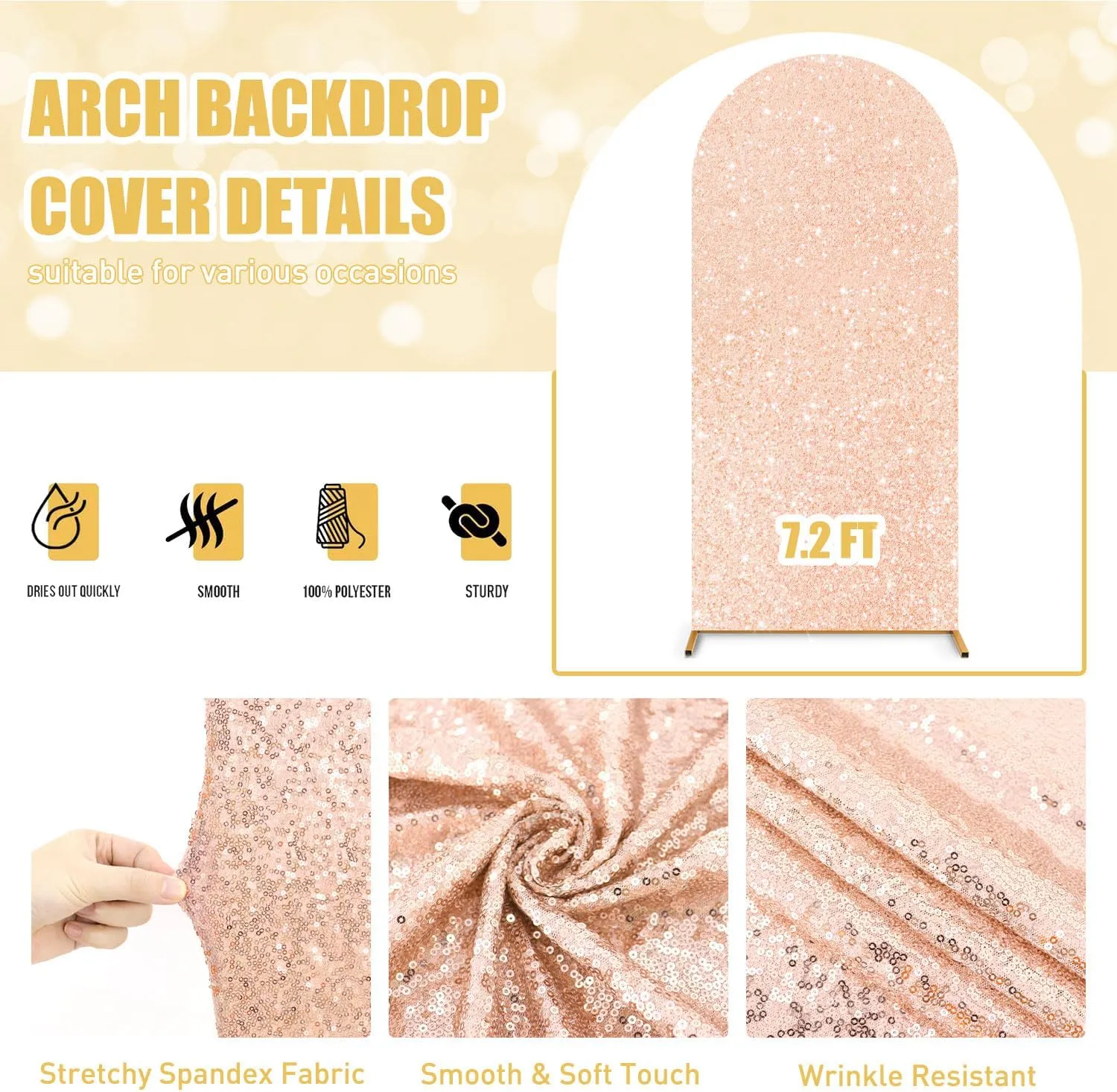 FUHSY Wedding Arch Cover - Glitter Sequin Fabric for 7.2 FT Arch, Rose Gold, Perfect for Birthday Party Decor