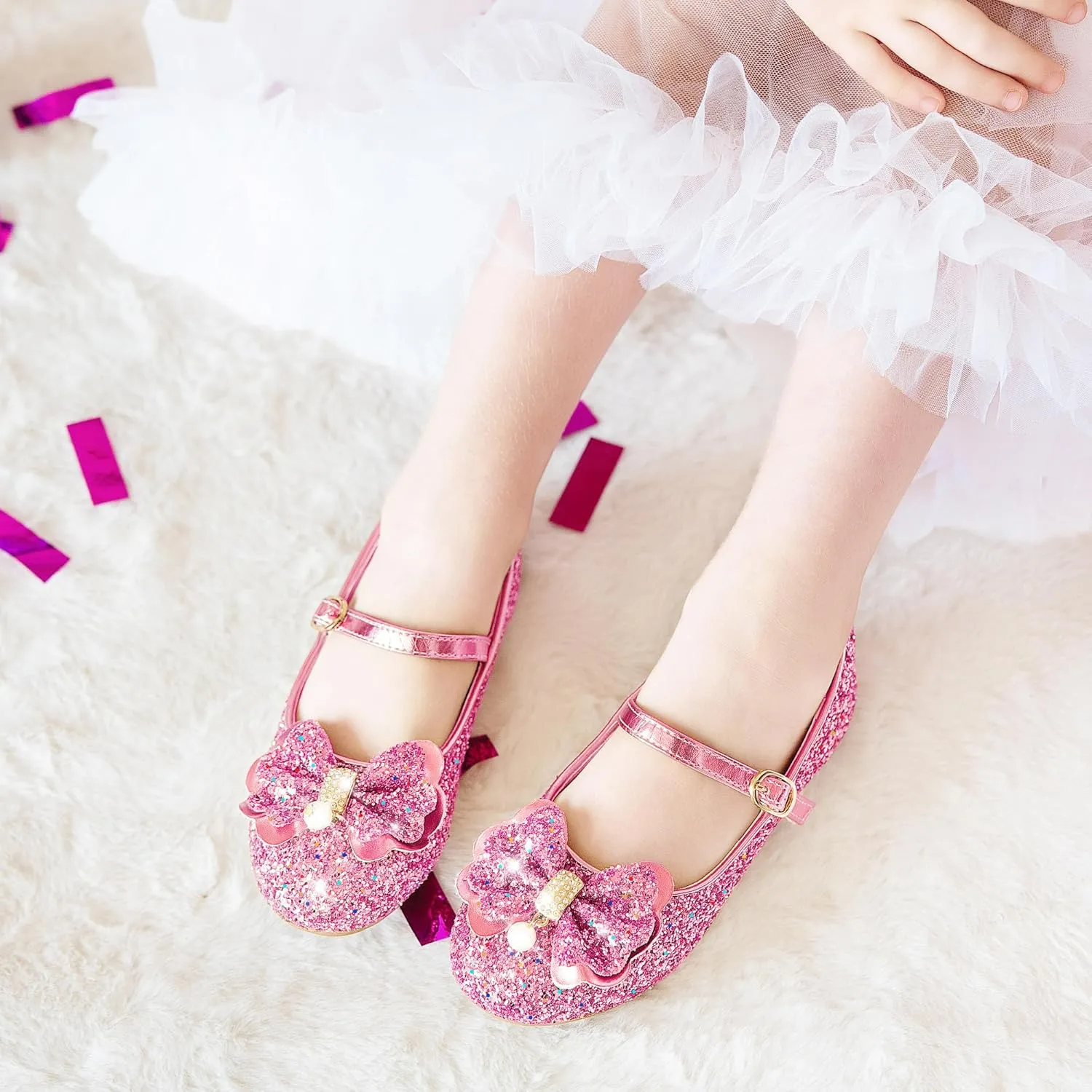 Furdeour Girls Dress Shoes Mary Jane Flower Wedding Party Bridesmaids Shoes Glitter Princess Ballet Flats for Kid Toddler