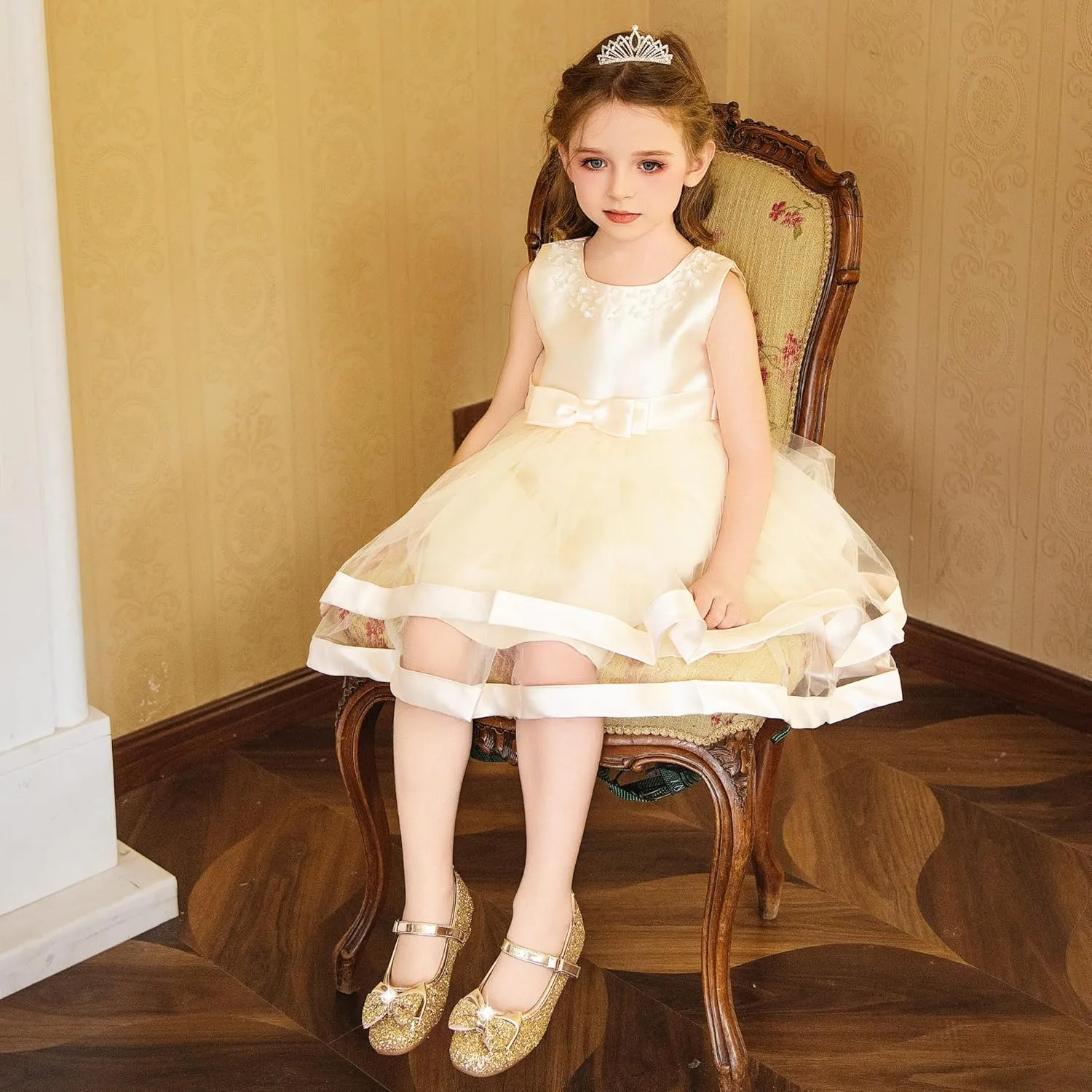 Furdeour Girls Dress Shoes Mary Jane Wedding Flower Bridesmaids Heels Glitter Princess Shoes for Kids Toddler