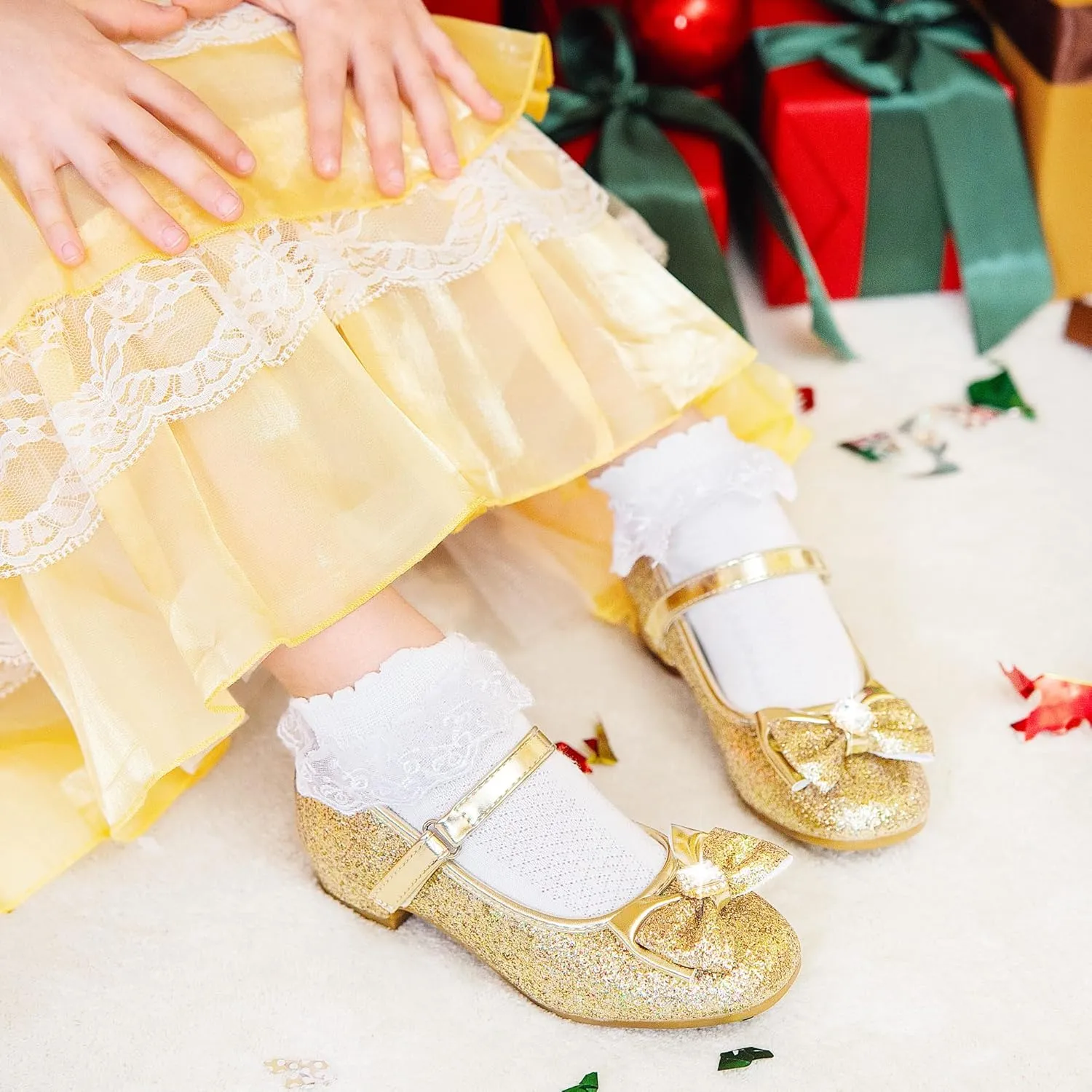 Furdeour Girls Dress Shoes Mary Jane Wedding Flower Bridesmaids Heels Glitter Princess Shoes for Kids Toddler