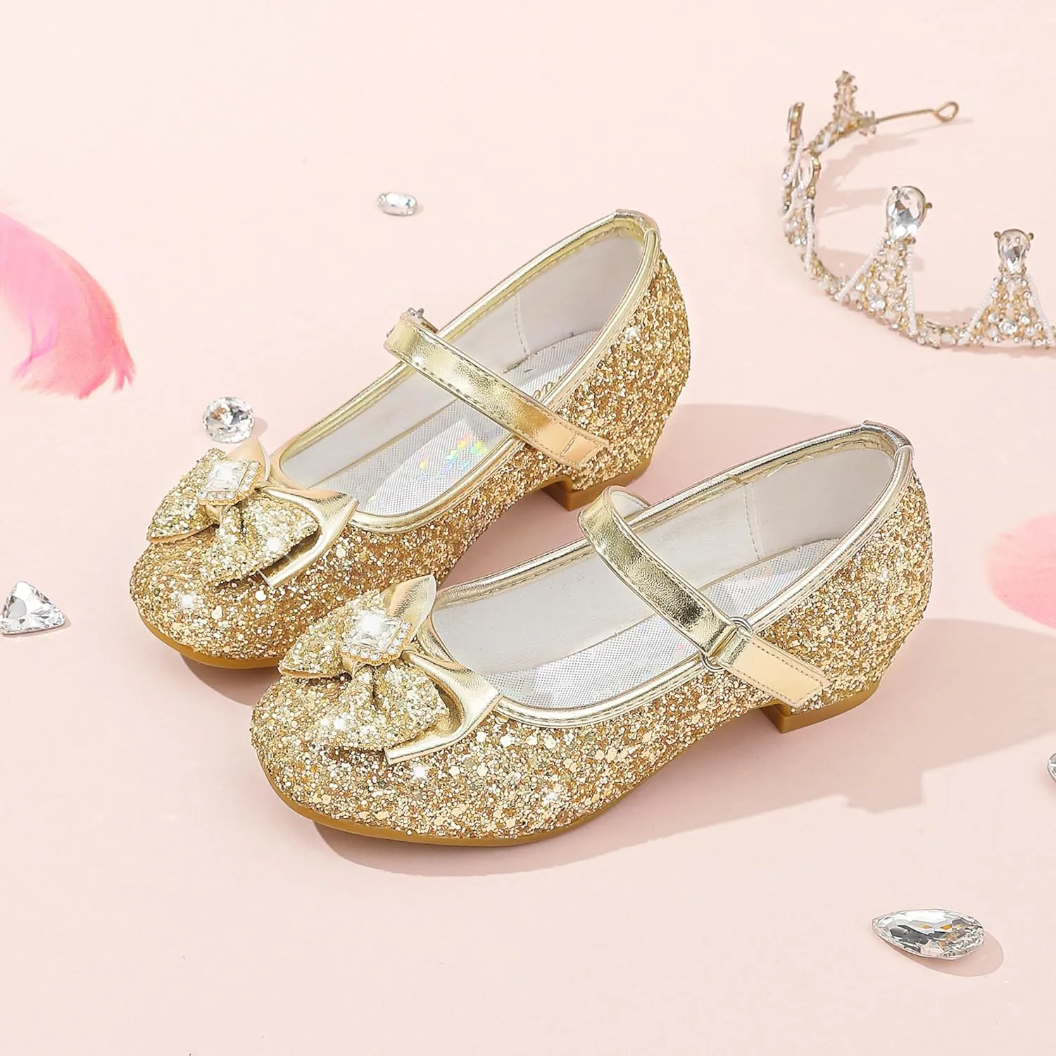 Furdeour Girls Dress Shoes Mary Jane Wedding Flower Bridesmaids Heels Glitter Princess Shoes for Kids Toddler